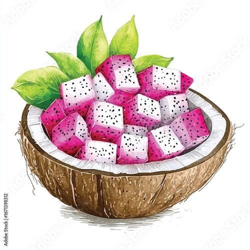 a cute Fresh dragon fruit salad in a coconut shell