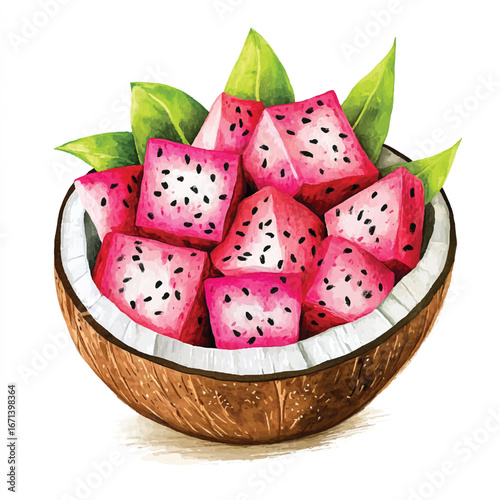 a cute Fresh dragon fruit salad in a coconut shell