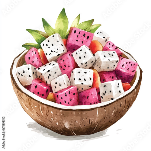 a cute Fresh dragon fruit salad in a coconut shell