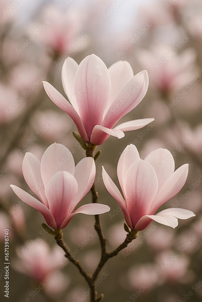 Obraz premium Close-Up of Blooming Magnolia Flowers on Branch – Soft Pink Petals with Springtime Bokeh Background