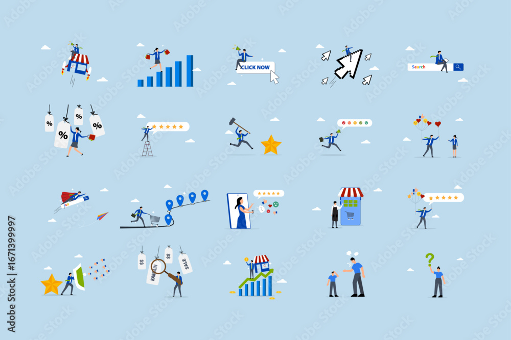 Fototapeta premium Business illustrations set. Collection of scenes with men and women taking part in business activities.