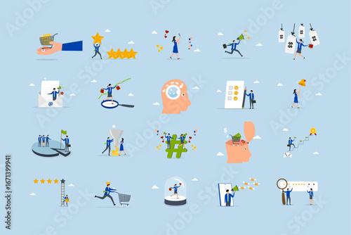 Business illustrations set. Collection of scenes with men and women taking part in business activities.