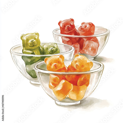 a cute Fruit gummy bear candies in transparent bowl
