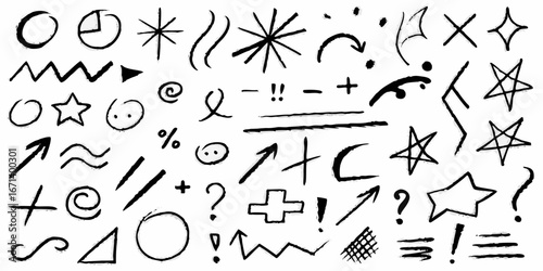 Collection of hand drawn black sketchy symbols and icons on white background