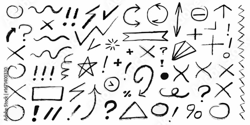 Collection of hand drawn black doodle icons and symbols on white background