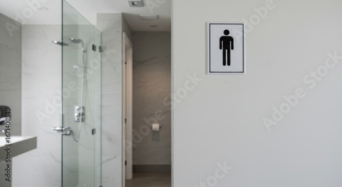 Wallpaper Mural Interior view of a modern public restroom with shower stalls and signage. Torontodigital.ca