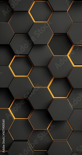 Abstract dark grey hexagon pattern background, glowing edges, modern design, website texture