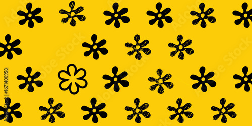 Retro black flower pattern on a vibrant yellow background with a playful organic feel