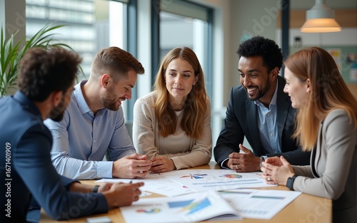 Multicultural business team discussing ideas in a modern office. A diverse group of professionals collaborating on a project, brainstorming strategies, and working together at a desk with documents