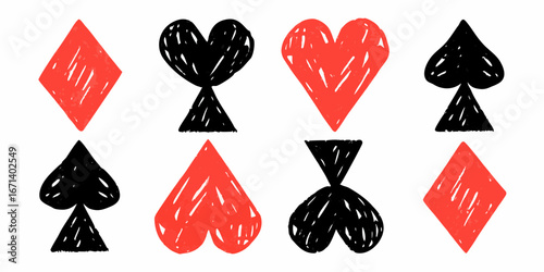 Hand drawn playing card suits including hearts diamonds and spades in red and black