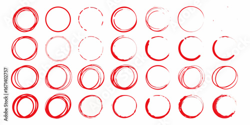 Collection of hand drawn red circles and scribbles on a white background