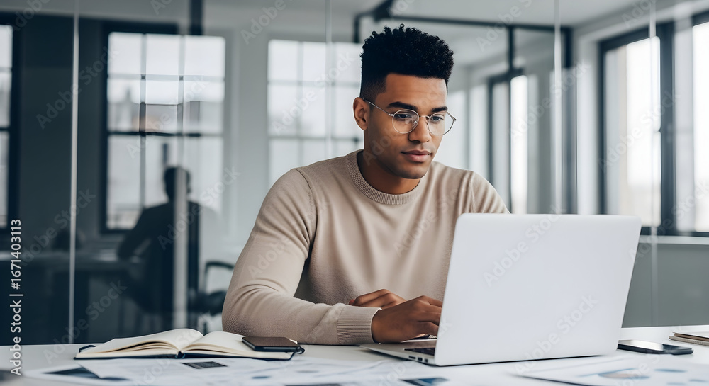 Obraz premium Young man working on a laptop in a modern office space with large windows and natural light for business and technology themes