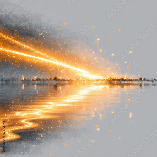 Golden light streaks across a reflective lake, over a city skyline