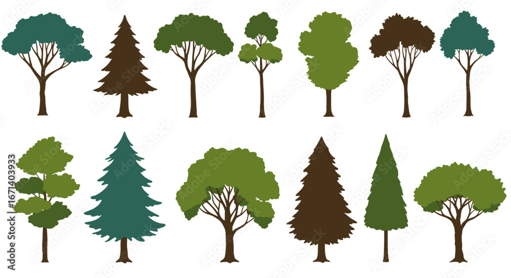 Fototapeta premium Diverse tree collection with flat design elements for botanical projects