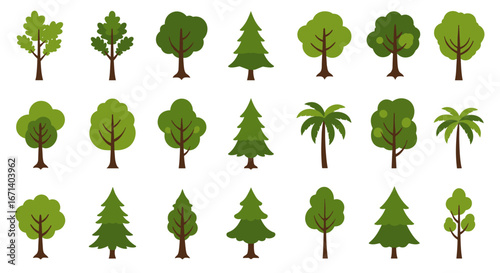 Diverse tree collection: modern flat design icons for nature projects