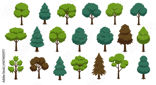Diverse set of stylized trees in flat design for nature and forestry themes