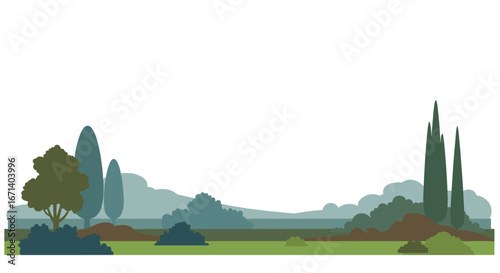 Scenic minimalist landscape with trees and bushes in silhouette style