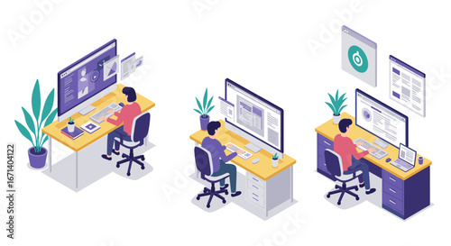 Isometric home office setup: three people working at desks with computers and plants
