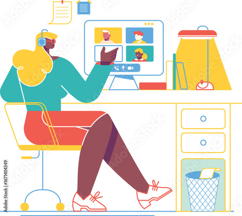 Online Learning Student Attending Virtual Class Illustration