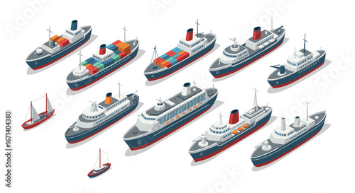 Isometric set of ships and boats with cargo and passenger vessels
