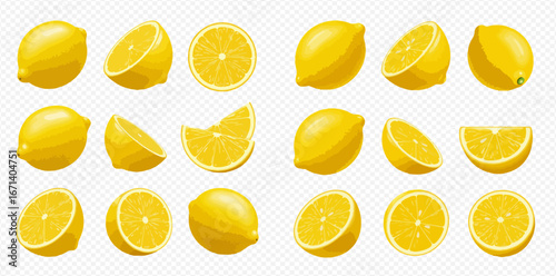 Collection of whole and sliced lemons in various positions, showcasing their vibrant yellow color and juicy texture.