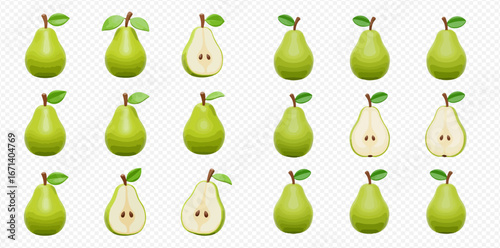 Collection of whole and halved green pears, arranged in a grid pattern on a white background.