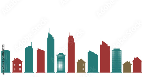 Minimalist city skyline silhouette with colorful buildings on white background