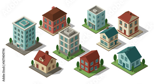 Isometric buildings set with diverse architectural styles and colorful designs