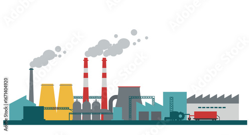 Flat industrial factory scene with smokestacks and machinery