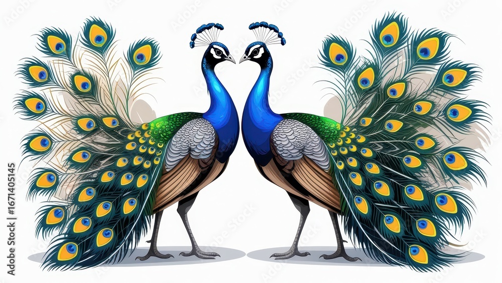 Fototapeta premium Two magnificent peafowl display their vibrant plumage against a white backdrop.