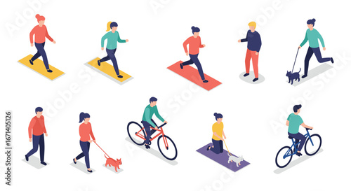 Isometric people exercising and walking dogs outdoors