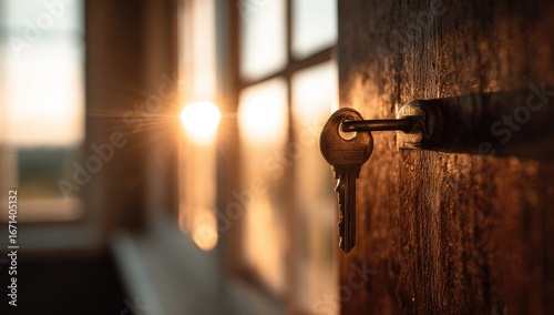 Key in a wooden door, sunlight through window