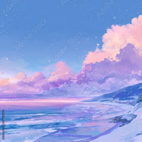 Pastel winter landscape.  Soft pink clouds drift over a snowy beach, with a light blue ocean.  Stars sprinkled across a light blue sky