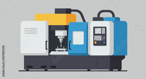 Modern cnc machine in flat design on gray background for industrial use