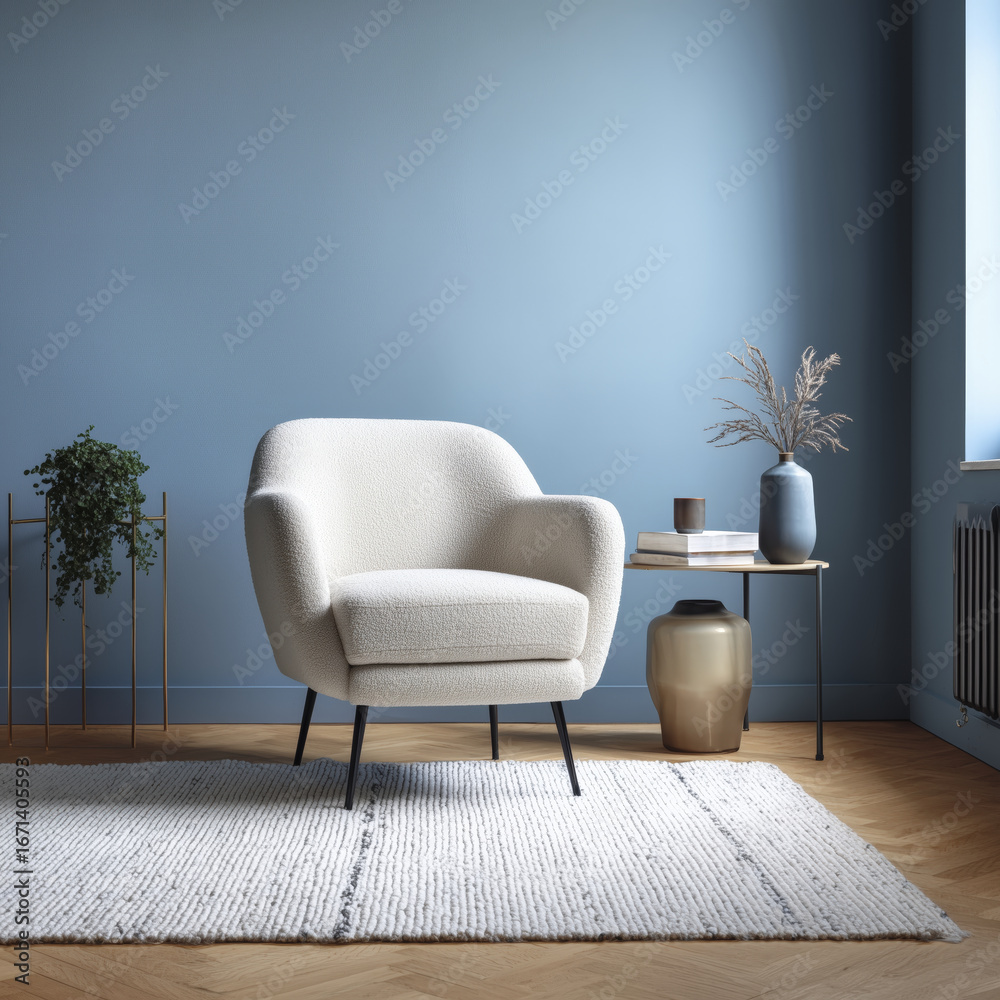 Fototapeta premium Cozy living room corner with plush white armchair, side table with decorative vases and books, potted plant, and soft rug wooden flooring