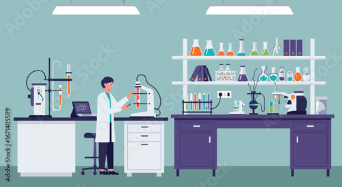 Modern laboratory with scientists conducting experiments in a flat design