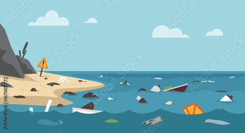 Coastal pollution scene with littered beach and ocean debris in flat design