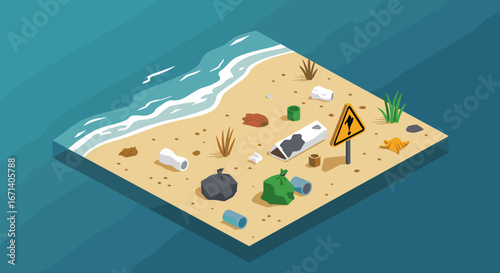 Isometric beach pollution scene with warning signs and ocean waves
