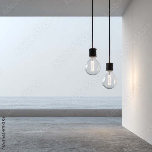 Two pendant lights hang in a minimalist room with a view of the sea