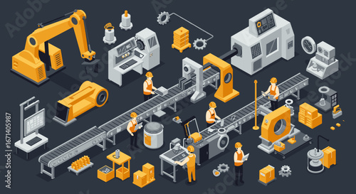 Industrial manufacturing process with robots and workers in isometric design