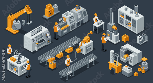 Modern isometric factory scene with machinery and workers in industrial setting
