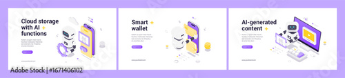 Modern isometric web banner set with AI robot, cloud storage technology, smart wallet payment, automated content generation, digital innovation, futuristic interface, finance, creative design