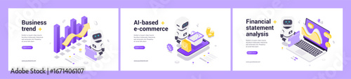 Modern isometric web banner set with AI robot, business trend analytics, e commerce automation, financial data analysis, growth chart, digital interface, futuristic design, economic success