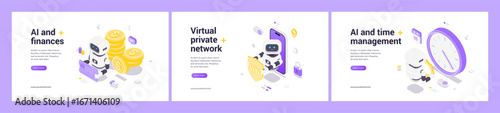 Modern isometric web banner set with AI robot, financial automation, virtual private network security, smart time management, innovation, digital interface, data protection, futuristic design