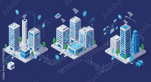 Futuristic isometric smart city with iot connections and 5g technology