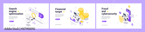 Isometric web banner set featuring AI robot for search engine optimization, financial growth targets, fraud prevention, cybersecurity protection, data safety, futuristic digital innovation.