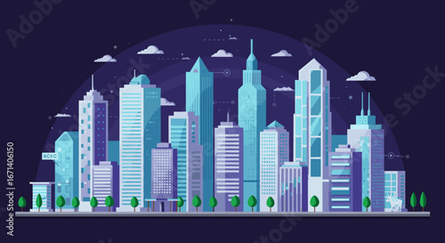 Modern city skyline at night with futuristic high-rise buildings