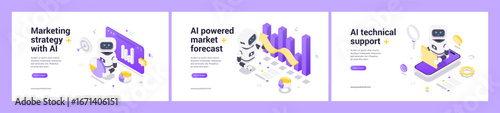 Modern isometric web banner set with AI robot, marketing strategy planning, market trend forecasting, automated technical support, data analytics, digital innovation, futuristic interface