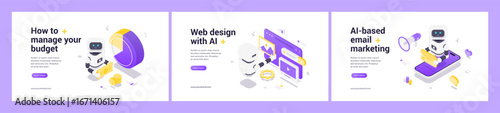 Collection of isometric AI web banner templates featuring robots for budget control, creative website design, and automated email marketing with futuristic technology and business elements.