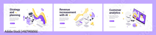 Set of isometric web banners showing AI robots for business strategy planning, revenue growth improvement, and customer data analytics with futuristic digital technology and innovation elements.